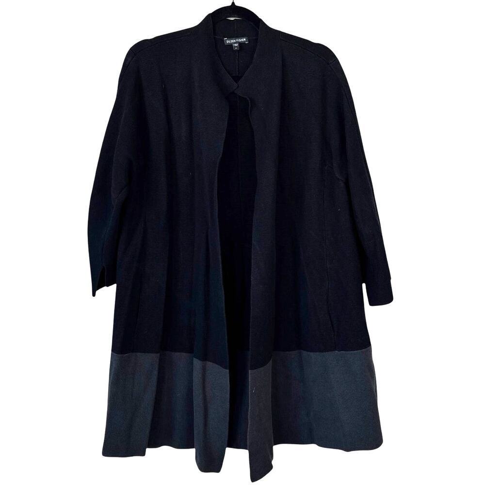 EILEEN FISHER Colorblock Cardigan Black Gray Silk Cotton Knit Mandarin Size XL